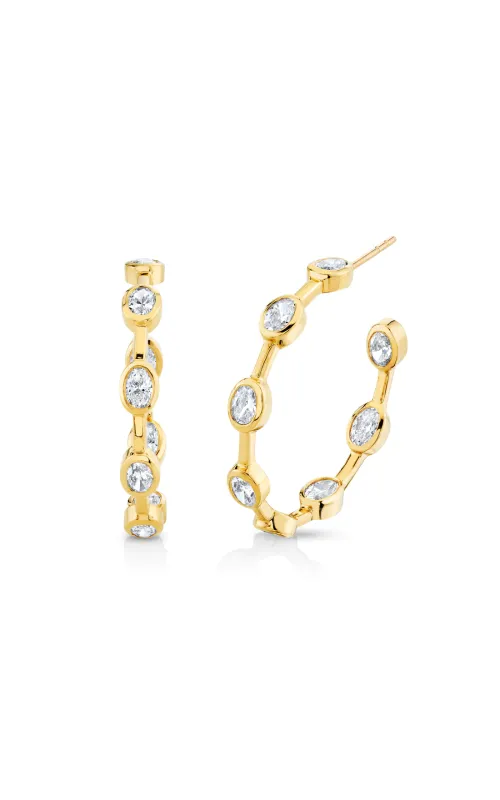 18K Yellow Gold Oval Shape Bezel Set Bar Hoop Earrings