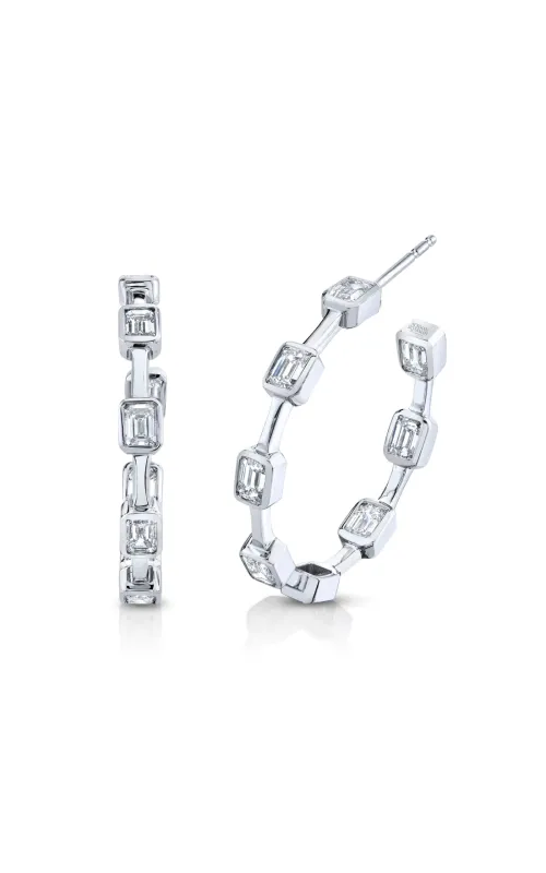 18K White Gold Diamond Emerald Cut Bezel Set Bar Hoop Earrings